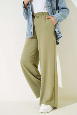 Bel İp Bağlamalı Bol Pantolon Haki - Thumbnail