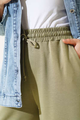 Bel İp Bağlamalı Bol Pantolon Haki - Thumbnail