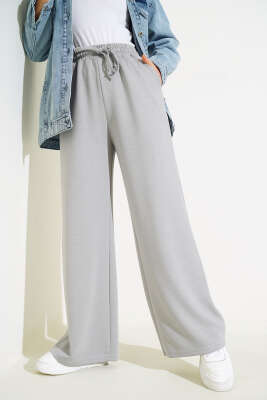 Bel İp Bağlamalı Bol Pantolon Gri - Thumbnail