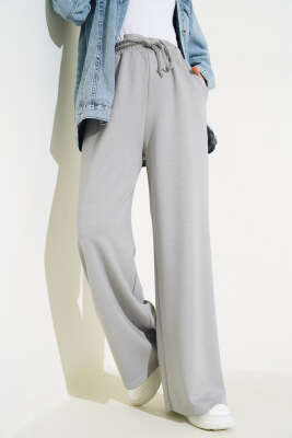 Bel İp Bağlamalı Bol Pantolon Gri - Thumbnail