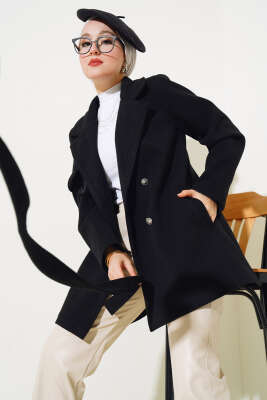 Kruvaze Yaka Kuşaklı Kısa Kaşe Kaban Siyah - Thumbnail