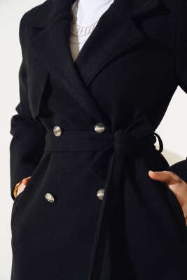 Kruvaze Yaka Kuşaklı Kısa Kaşe Kaban Siyah - Thumbnail