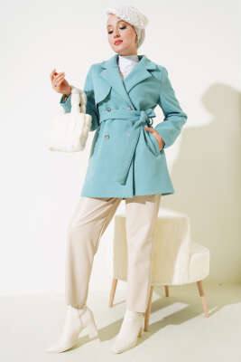 Kruvaze Yaka Kuşaklı Kısa Kaşe Kaban Mint - Thumbnail