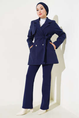 Kruvaze Yaka Kuşaklı Kısa Kaşe Kaban Lacivert - Thumbnail