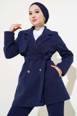 Pazarium - Kruvaze Yaka Kuşaklı Kısa Kaşe Kaban Lacivert