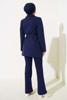 Kruvaze Yaka Kuşaklı Kısa Kaşe Kaban Lacivert - Thumbnail