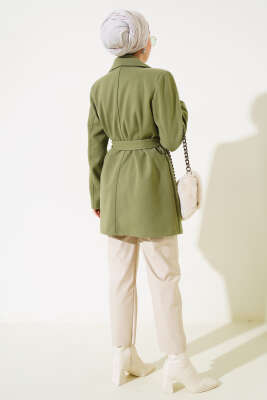 Kruvaze Yaka Kuşaklı Kısa Kaşe Kaban Çağla Yeşili - Thumbnail