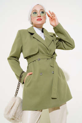 Pazarium - Kruvaze Yaka Kuşaklı Kısa Kaşe Kaban Çağla Yeşili