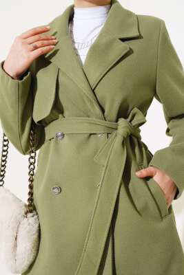 Kruvaze Yaka Kuşaklı Kısa Kaşe Kaban Çağla Yeşili - Thumbnail