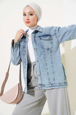 Göğüs Çift Cepli Kısa Kot Ceket Kot Mavisi - Thumbnail