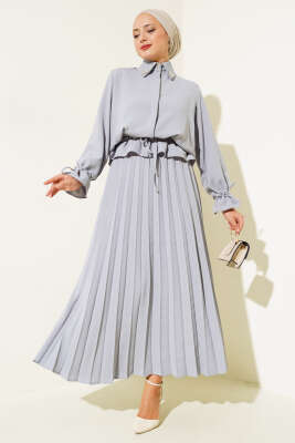 Pazarium - Yaka Taşlı Pileli Etekli İkili Takım Gri