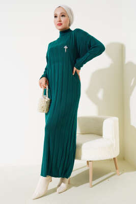 Kalın Fitilli Triko Elbise Zümrüt - Thumbnail