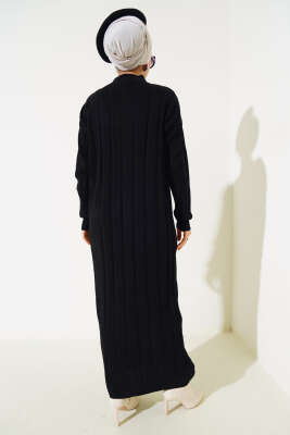 Kalın Fitilli Triko Elbise Siyah - Thumbnail