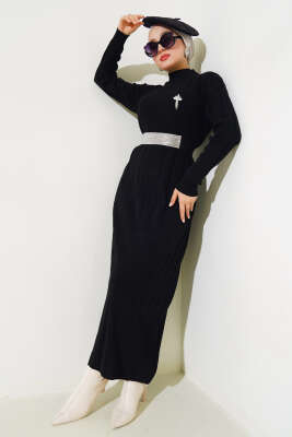 Kalın Fitilli Triko Elbise Siyah - Thumbnail