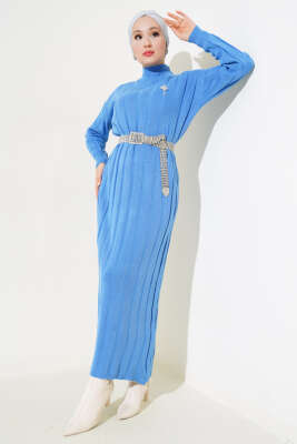 Kalın Fitilli Triko Elbise İndigo - Thumbnail