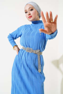 Kalın Fitilli Triko Elbise İndigo - Thumbnail