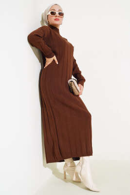Kalın Fitilli Triko Elbise Kahve - Thumbnail
