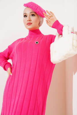 Kalın Fitilli Triko Elbise Fuşya - Thumbnail