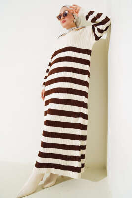 Yarım Fermuarlı Kalın Çizgili Triko Elbise Taş - Thumbnail