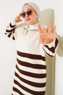 Yarım Fermuarlı Kalın Çizgili Triko Elbise Taş - Thumbnail