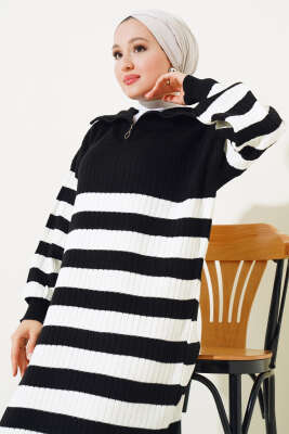 Yarım Fermuarlı Kalın Çizgili Triko Elbise Siyah - Thumbnail