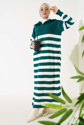 Yarım Fermuarlı Kalın Çizgili Triko Elbise Nefti - Thumbnail