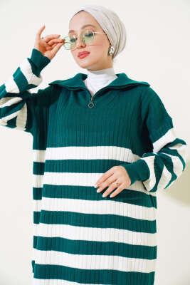 Yarım Fermuarlı Kalın Çizgili Triko Elbise Nefti - Thumbnail