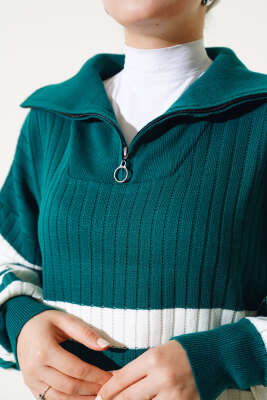 Yarım Fermuarlı Kalın Çizgili Triko Elbise Nefti - Thumbnail