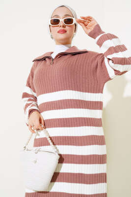 Yarım Fermuarlı Kalın Çizgili Triko Elbise Gül Kurusu - Thumbnail