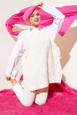 Baklava Desenli Bağlamalı Triko Süveter Bej - Thumbnail