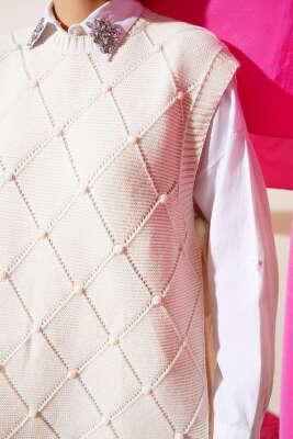 Baklava Desenli Bağlamalı Triko Süveter Bej - Thumbnail