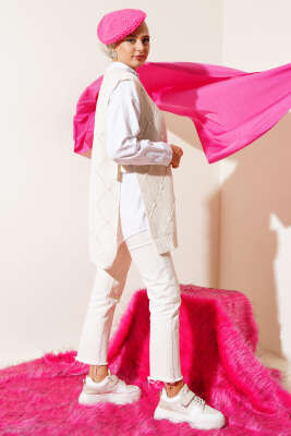 Baklava Desenli Bağlamalı Triko Süveter Bej - Thumbnail