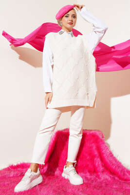 Baklava Desenli Bağlamalı Triko Süveter Bej - Thumbnail