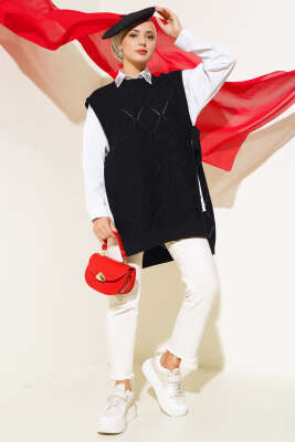 Baklava Desenli Bağlamalı Triko Süveter Siyah - Thumbnail