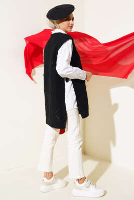 Baklava Desenli Bağlamalı Triko Süveter Siyah - Thumbnail