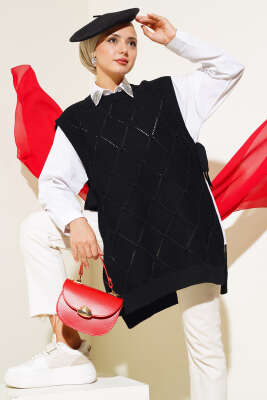 Baklava Desenli Bağlamalı Triko Süveter Siyah - Thumbnail