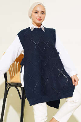 Baklava Desenli Bağlamalı Triko Süveter Lacivert - Thumbnail