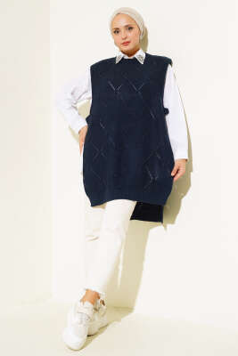 Baklava Desenli Bağlamalı Triko Süveter Lacivert - Thumbnail