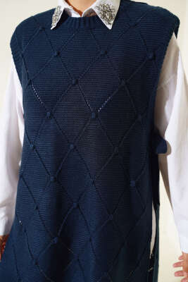 Baklava Desenli Bağlamalı Triko Süveter Lacivert - Thumbnail