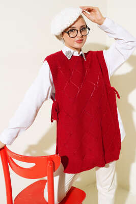 Baklava Desenli Bağlamalı Triko Süveter Kırmızı - Thumbnail