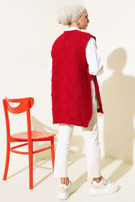 Baklava Desenli Bağlamalı Triko Süveter Kırmızı - Thumbnail