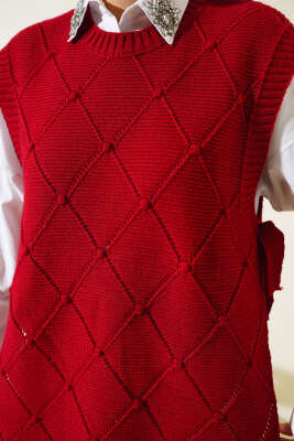 Baklava Desenli Bağlamalı Triko Süveter Kırmızı - Thumbnail