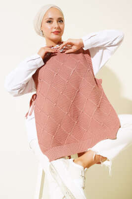 Baklava Desenli Bağlamalı Triko Süveter Gül Kurusu - Thumbnail