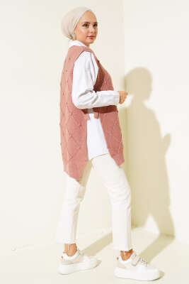 Baklava Desenli Bağlamalı Triko Süveter Gül Kurusu - Thumbnail