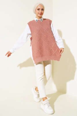 Baklava Desenli Bağlamalı Triko Süveter Gül Kurusu - Thumbnail