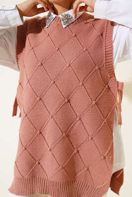 Baklava Desenli Bağlamalı Triko Süveter Gül Kurusu - Thumbnail