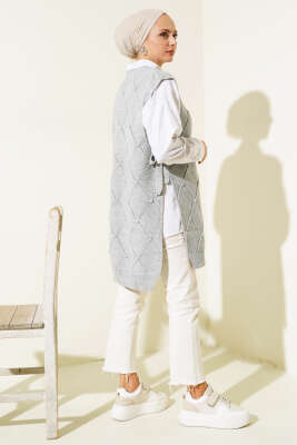 Baklava Desenli Bağlamalı Triko Süveter Gri - Thumbnail