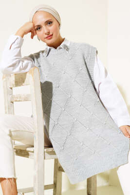Baklava Desenli Bağlamalı Triko Süveter Gri - Thumbnail
