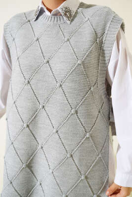 Baklava Desenli Bağlamalı Triko Süveter Gri - Thumbnail