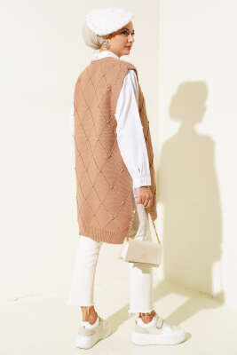 Baklava Desenli Bağlamalı Triko Süveter Büsküvi - Thumbnail